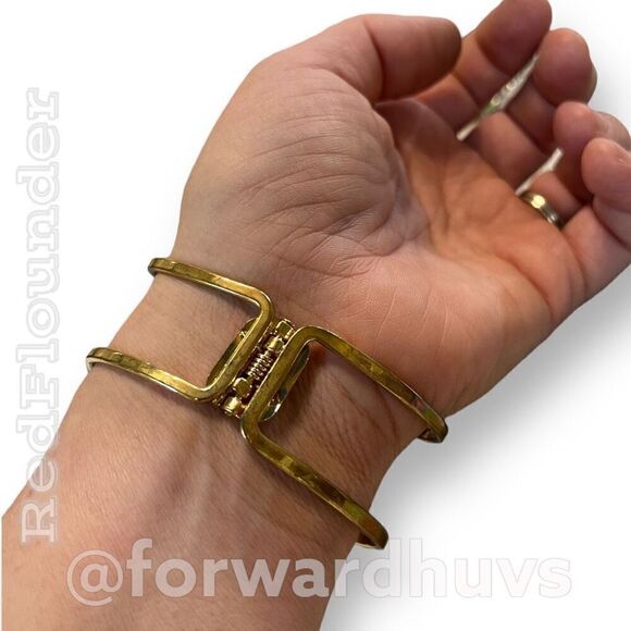 Gold Tone Hinge Bracelet with Orange & Green Rhinestones - Medium-Large Wrist - Picture 3 of 7